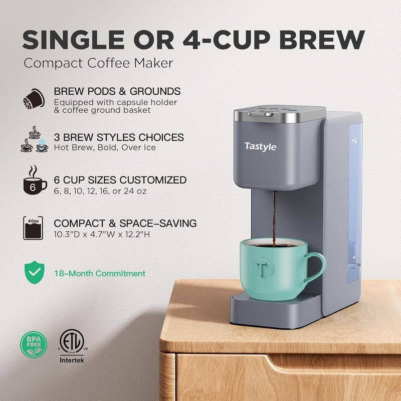 Tastyle Single Serve Coffee Maker, Iced and Hot Coffee Machine for K Cup & Grounds, Compact Design, 40oz Removable Water Reservoir, 6 to 24 Oz Brew Sizes, Fits 7.3" Travel Mug, Gray - Image 2